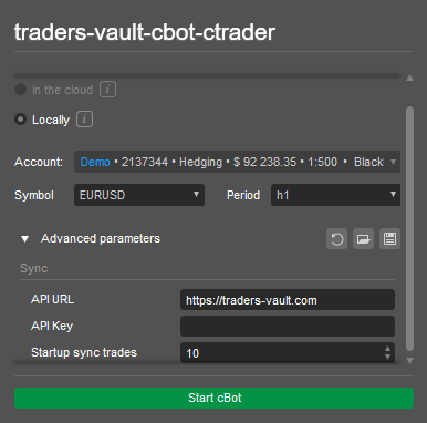 Select account and Advanced parameters