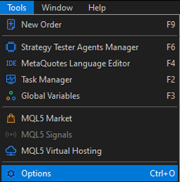 Tools menu > Options