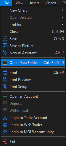 File menu > Open Data Folder
